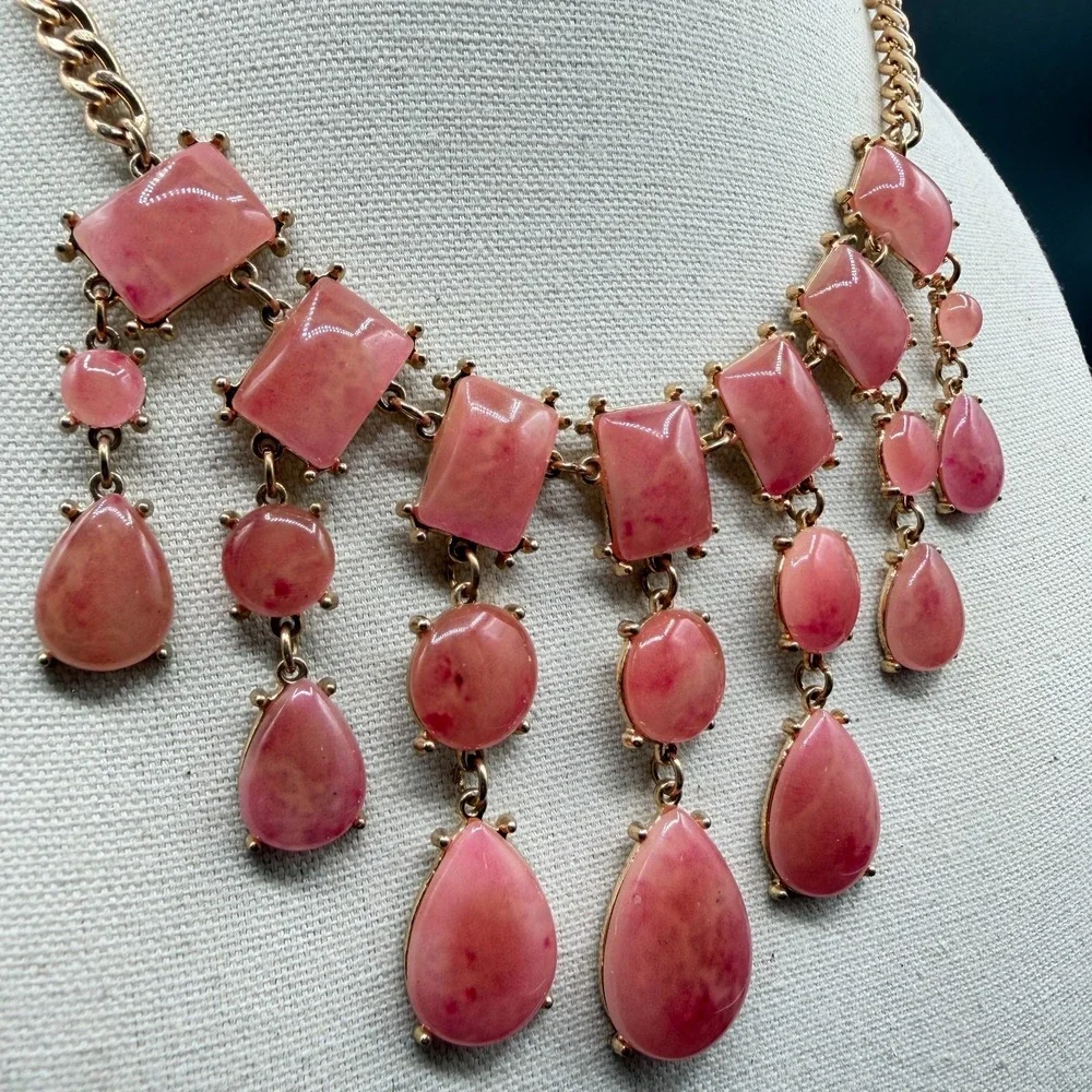 Pink Cabochon Statement Necklace Gold Tone Teardrop Fringe Bib Boho Romantic
